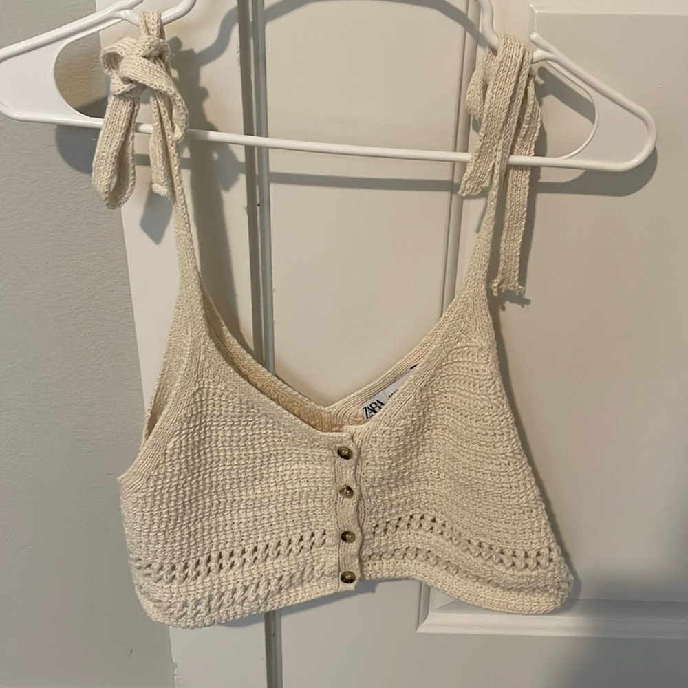 Zara Cream Crochet Tie-Shoulder Crop Top